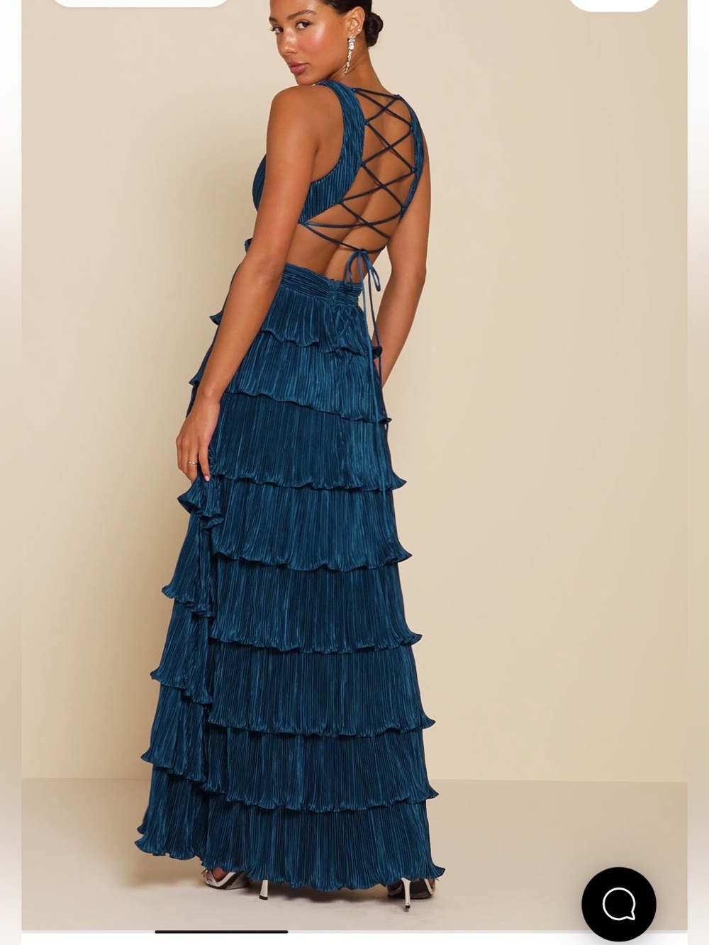 NWOT Lulus Beauty Icon Dark Teal Satin Pleated Tiered Lace-Up Maxi Dress